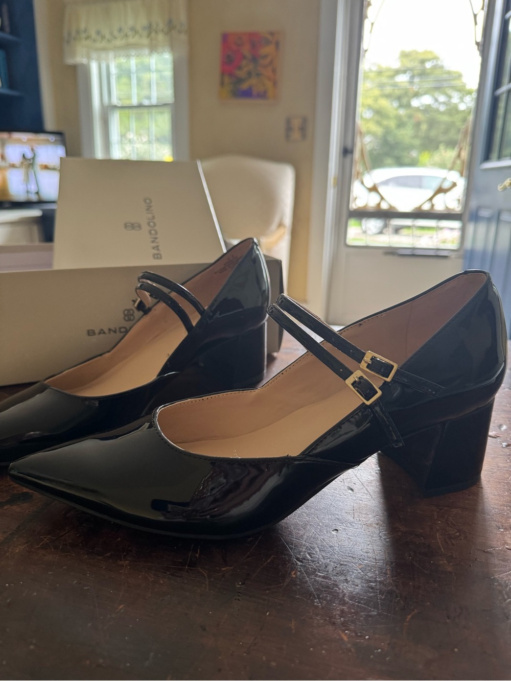 Bandolino Black Patent Double-Strap Block Heel Pumps